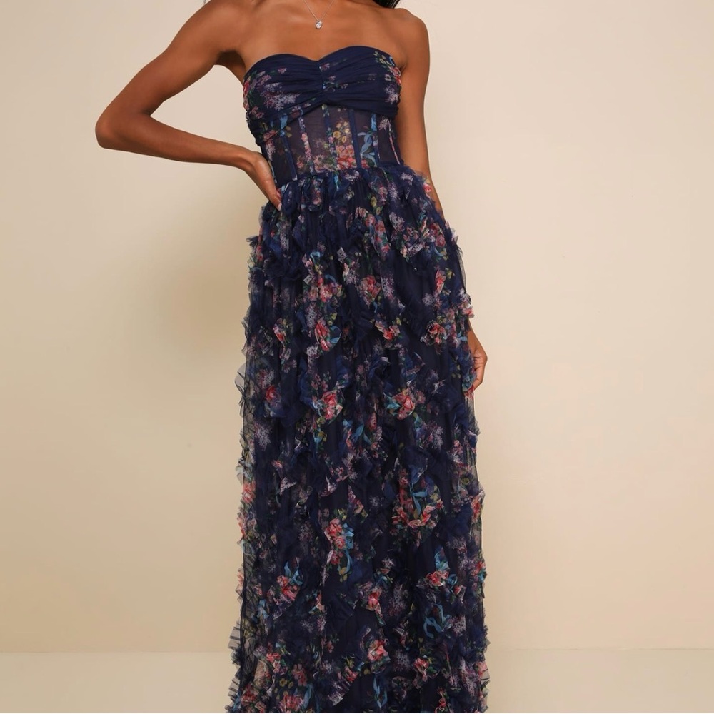 Stunning Element Navy Floral Mesh Ruffled Strapless Maxi Dress lulus